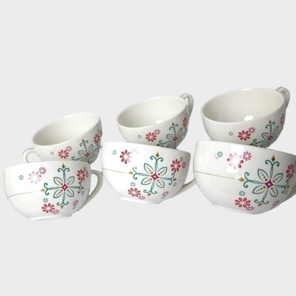 Set Of 6 Snowflake Christmas Ceramic Floral Patterned Tea Coffee Cups - Picture 1 of 5